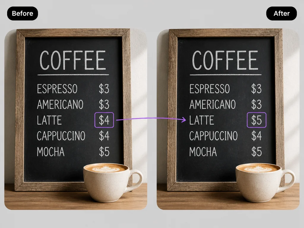 カフェのメニューボードのビフォーアフター。ラテの価格が $4 から $5 に変更されている。