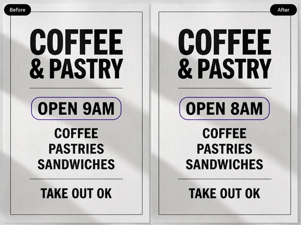 印刷ポスターのビフォーアフター。営業時間だけが OPEN 9AM から OPEN 8AM に変わっている。