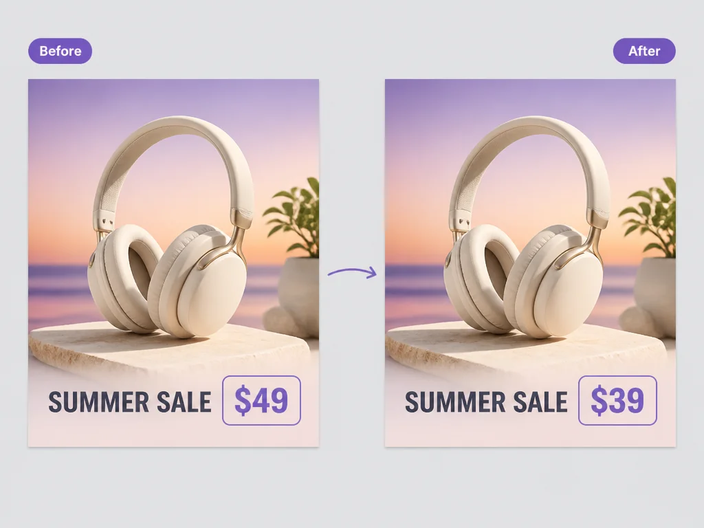 EC プロモーションバナーのビフォーアフター。価格が SUMMER SALE $49 から SUMMER SALE $39 に更新されている。