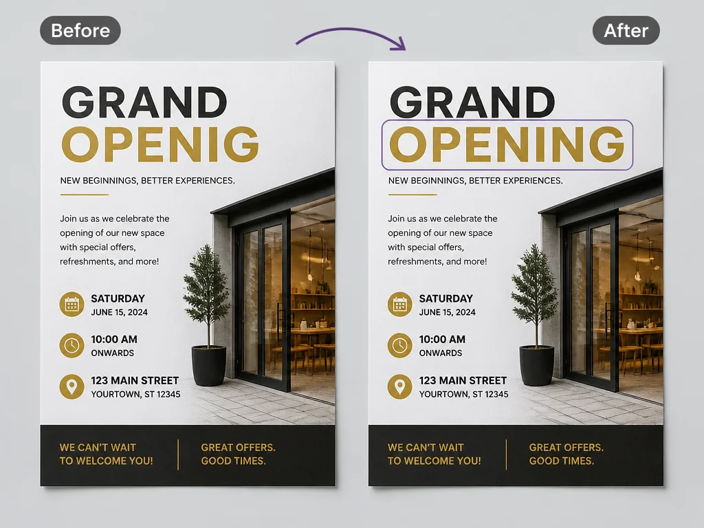印刷チラシのビフォーアフター。誤字 GRAND OPENIG が GRAND OPENING に修正されている。