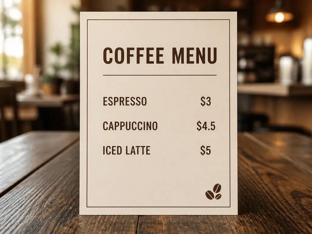 エスプレッソ、カプチーノ、アイスラテの価格を掲載したカフェメニューポスター