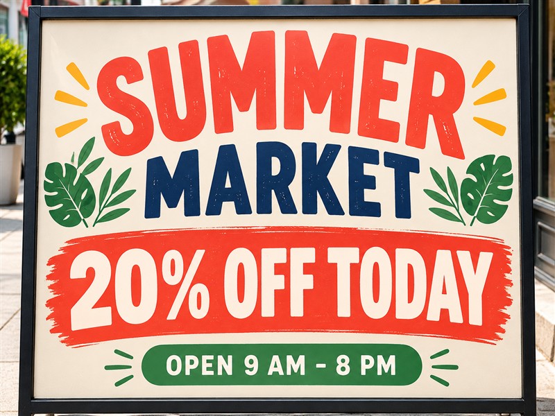 Street billboard showing a summer market discount