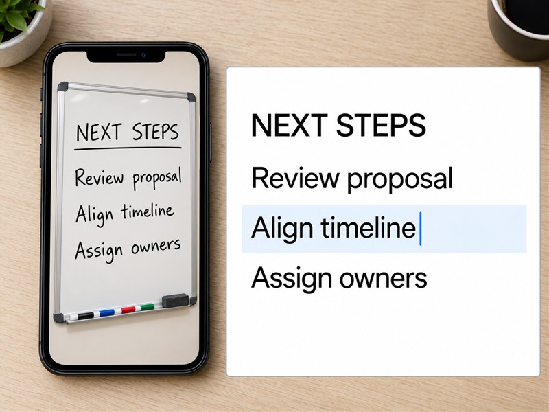 Image to text example showing a phone photographing a whiteboard beside OCR text results