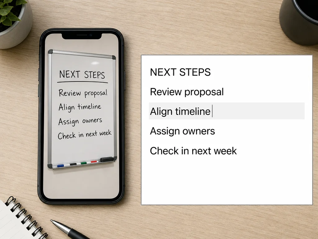 Next Steps whiteboard photo copied into a clean checklist.