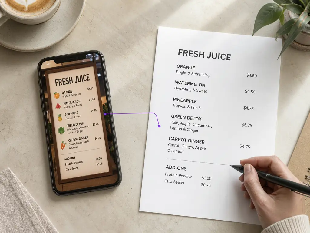 Image to text extraction from a menu photo into editable text