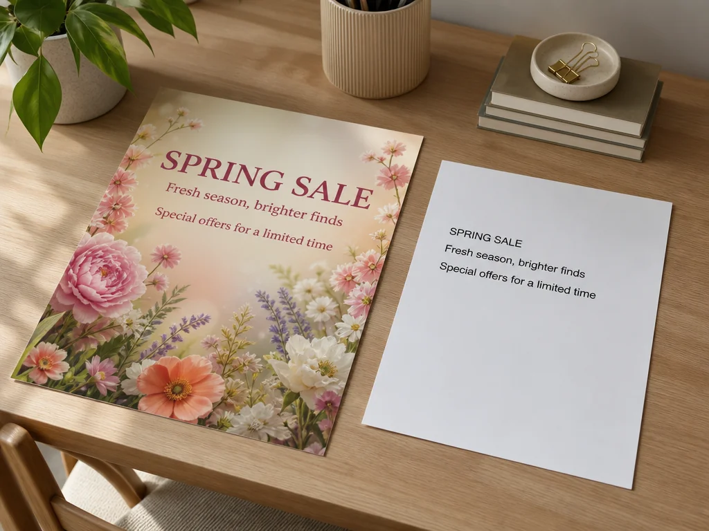 Spring Sale poster headline extracted into a copywriting sheet on a designer's desk.