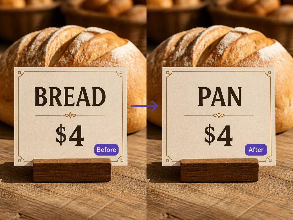 Bakery price cards translating BREAD to PAN while keeping the 4 dollar price unchanged.