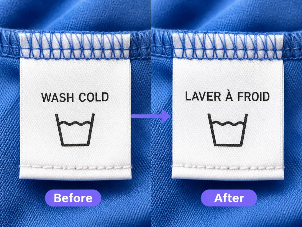 Care label translated from WASH COLD to French LAVER A FROID.