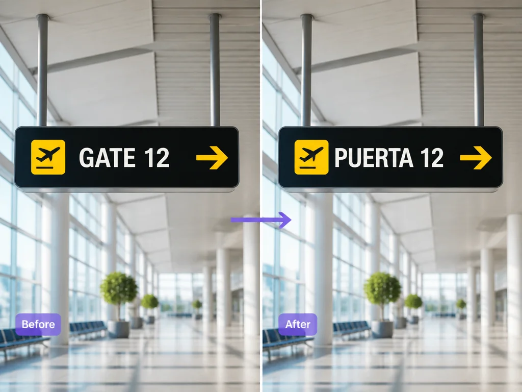 Image translator changing an airport sign from GATE 12 to PUERTA 12.
