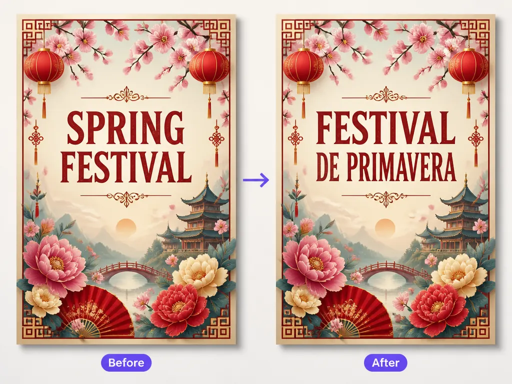 Identical festival posters translating SPRING FESTIVAL into FESTIVAL DE PRIMAVERA.