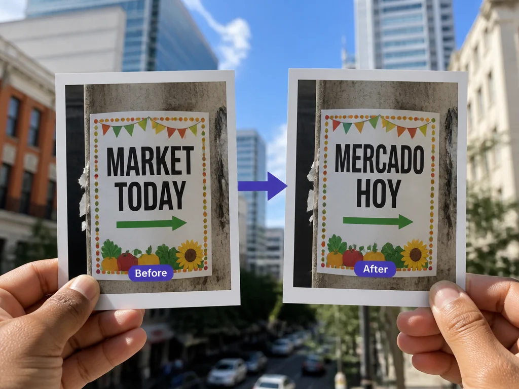 Person holding street-notice photos translated from MARKET TODAY to MERCADO HOY.