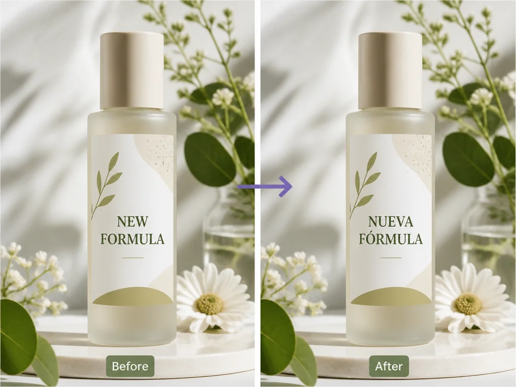 Skincare bottle localized from NEW FORMULA to Spanish NUEVA FORMULA.