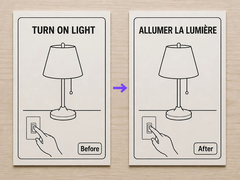 Matching unlit-lamp cards translate TURN ON LIGHT to ALLUMER LA LUMIERE.