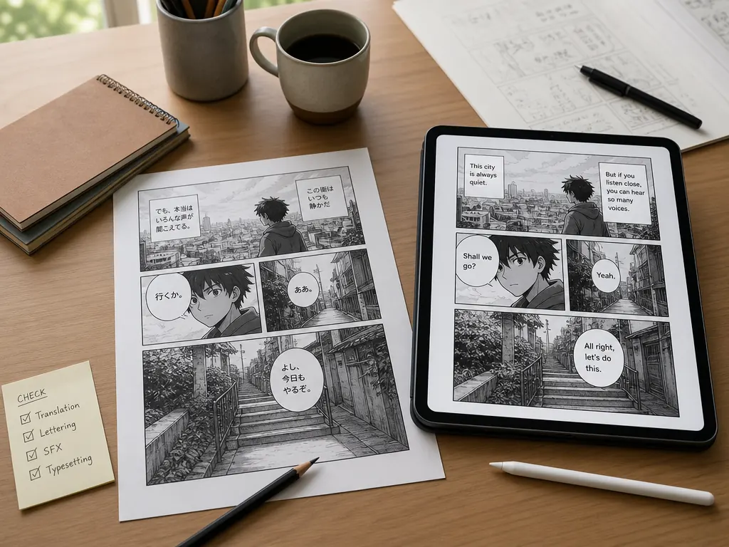 A desk workspace with a Japanese manga page and an English translation preview beside it on a tablet.