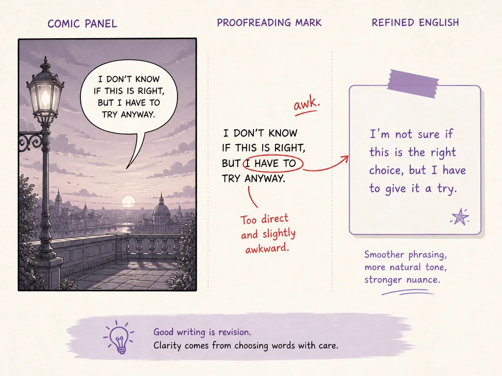 A comic panel marked with a red proofreading note next to a refined translated line.