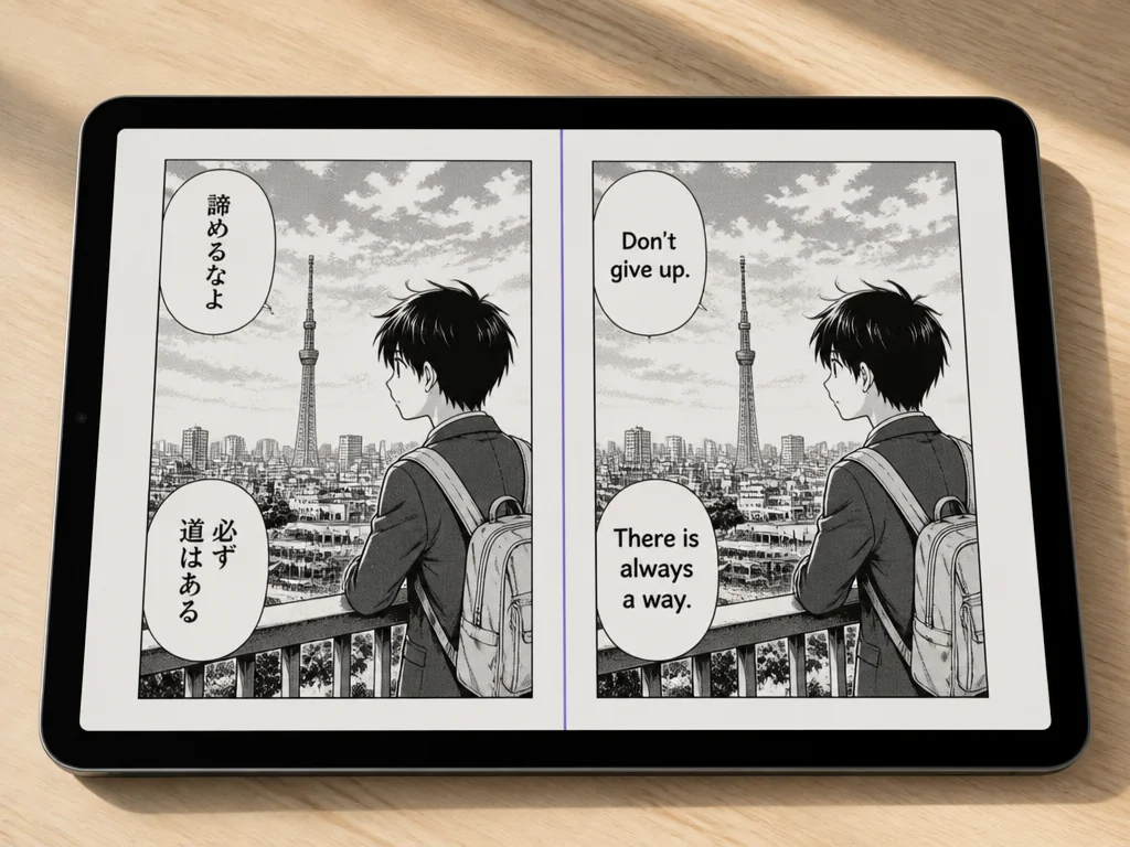 A manga image on a smartphone next to a translated text view, with the original artwork still visible.
