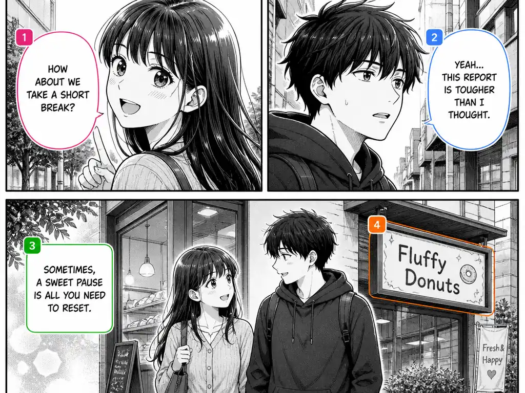 A manga page with numbered markers around speech bubbles, a caption, and a small storefront sign to show where the text is detected.