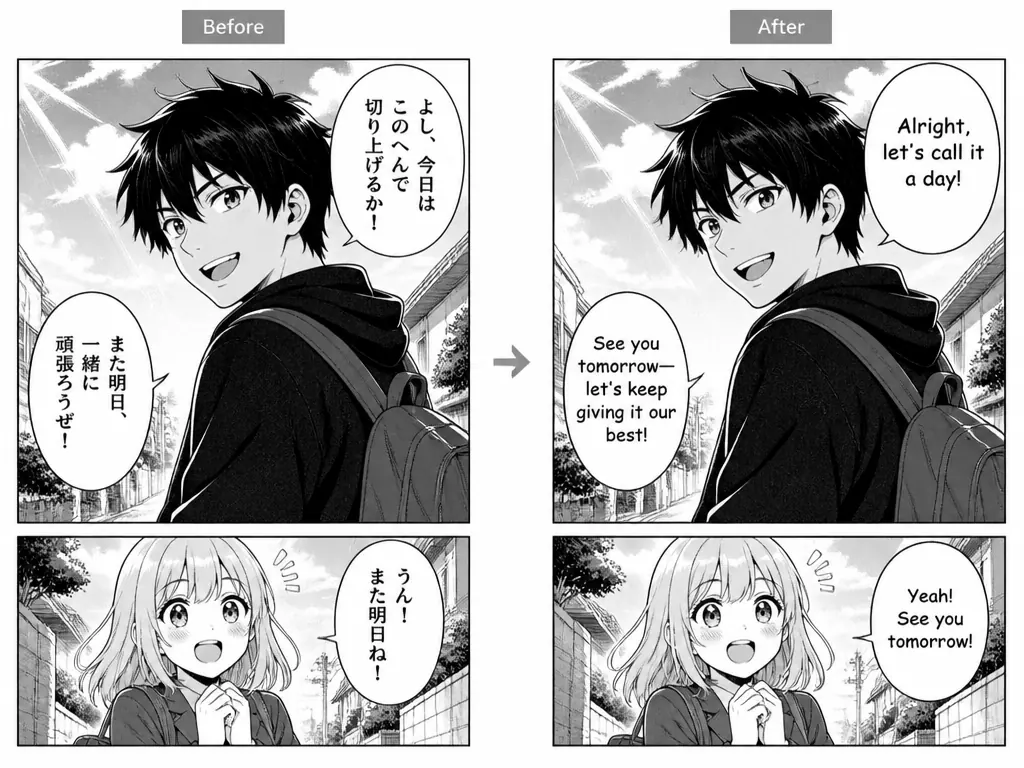 The same manga panel shown in two languages side by side, with the artwork identical on both sides.