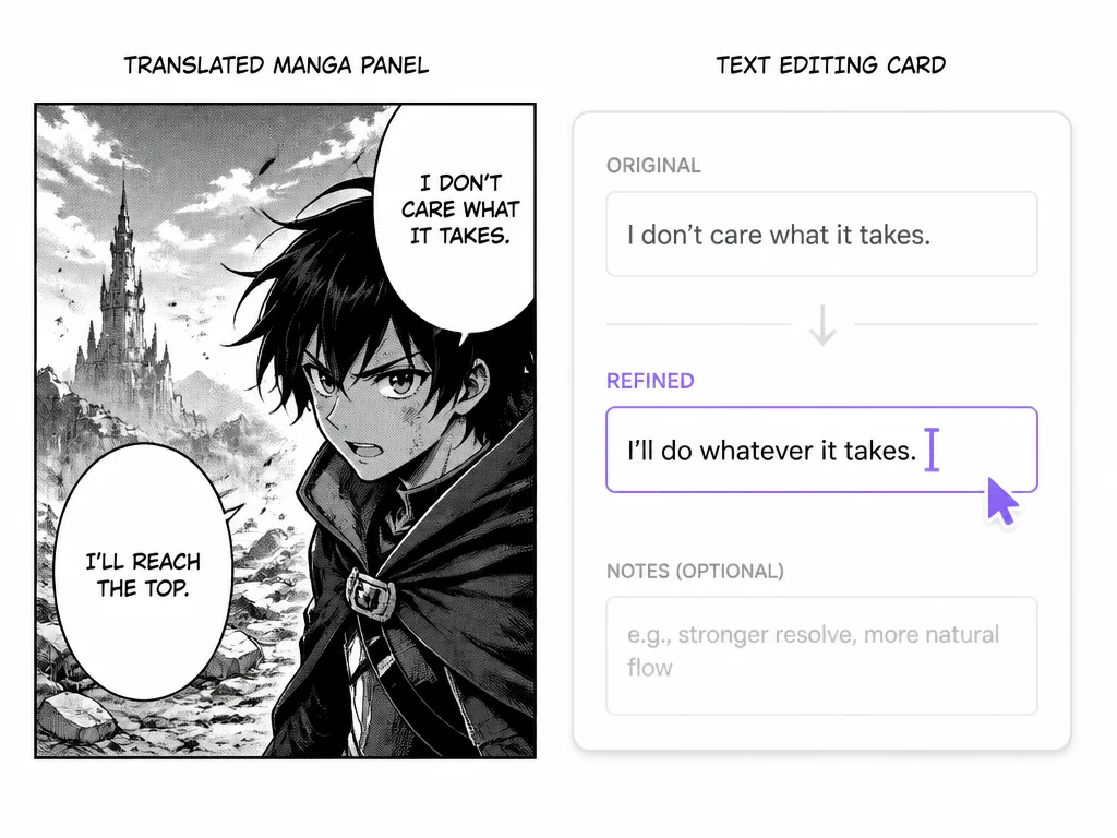 A translated manga panel next to a simple text editing card where one line of text is being refined.