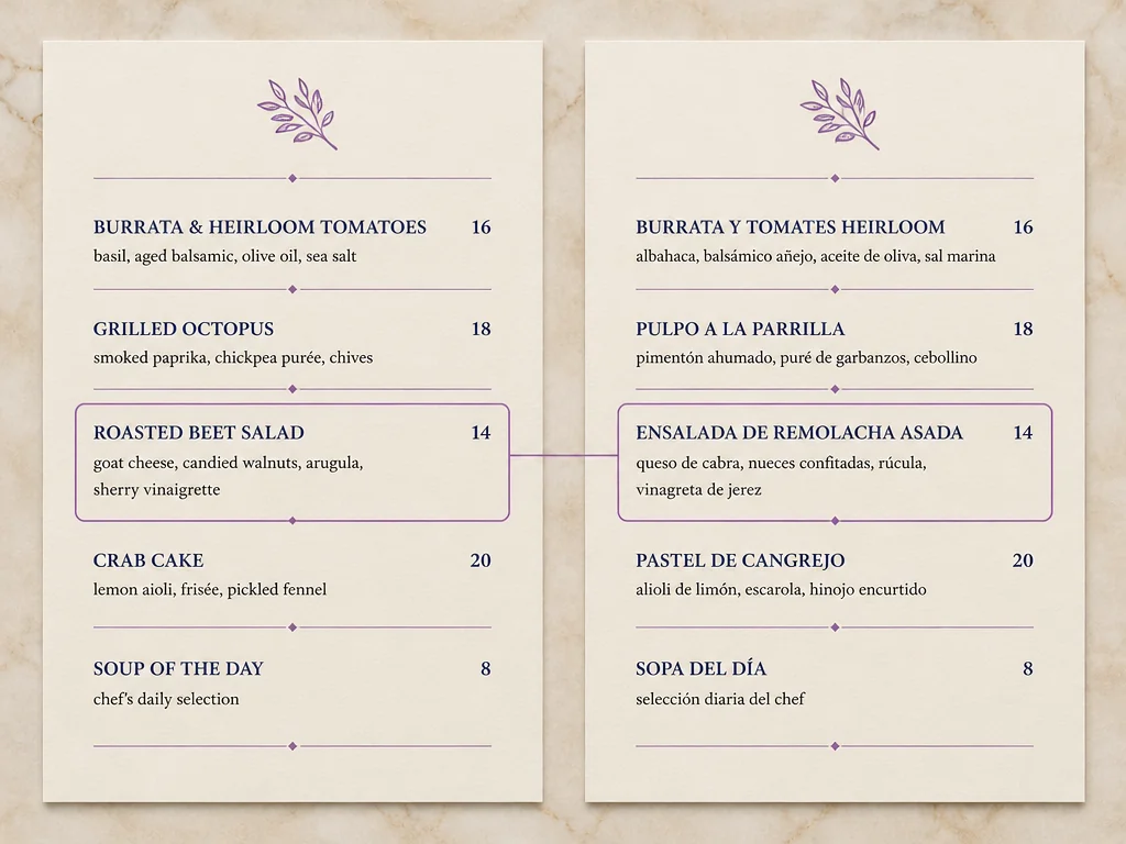 A menu translator showing the same restaurant menu twice, English on the left and Spanish on the right, with every dish row aligned and one selected dish highlighted in purple on both sides.
