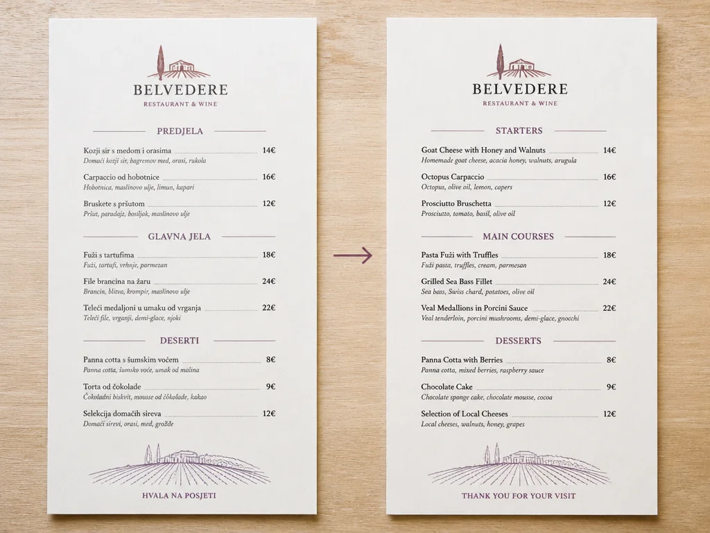 Menu translator comparing the same restaurant menu in two languages, original on the left and English translation on the right.