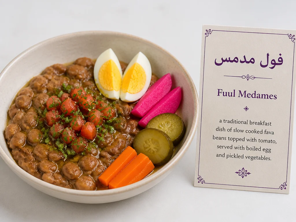 The traditional fava bean breakfast dish Fuul Medames beside a menu card that keeps the original Arabic name with a matching English description.