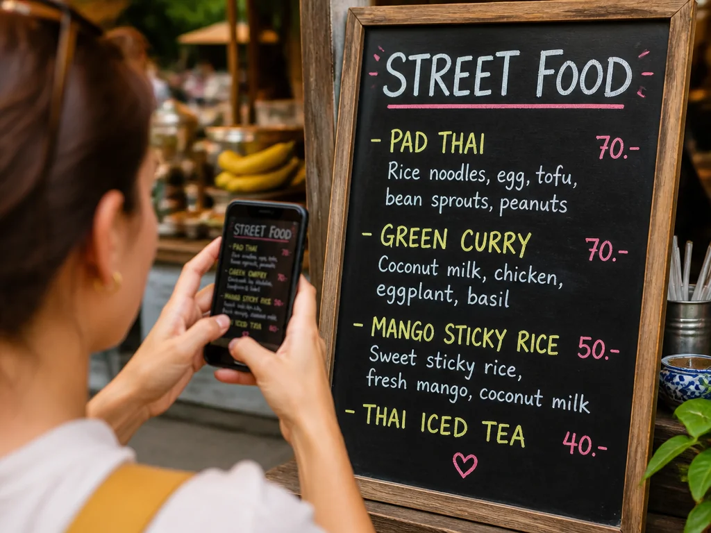 A traveler photographing a handwritten market stall menu board with a phone to translate it.