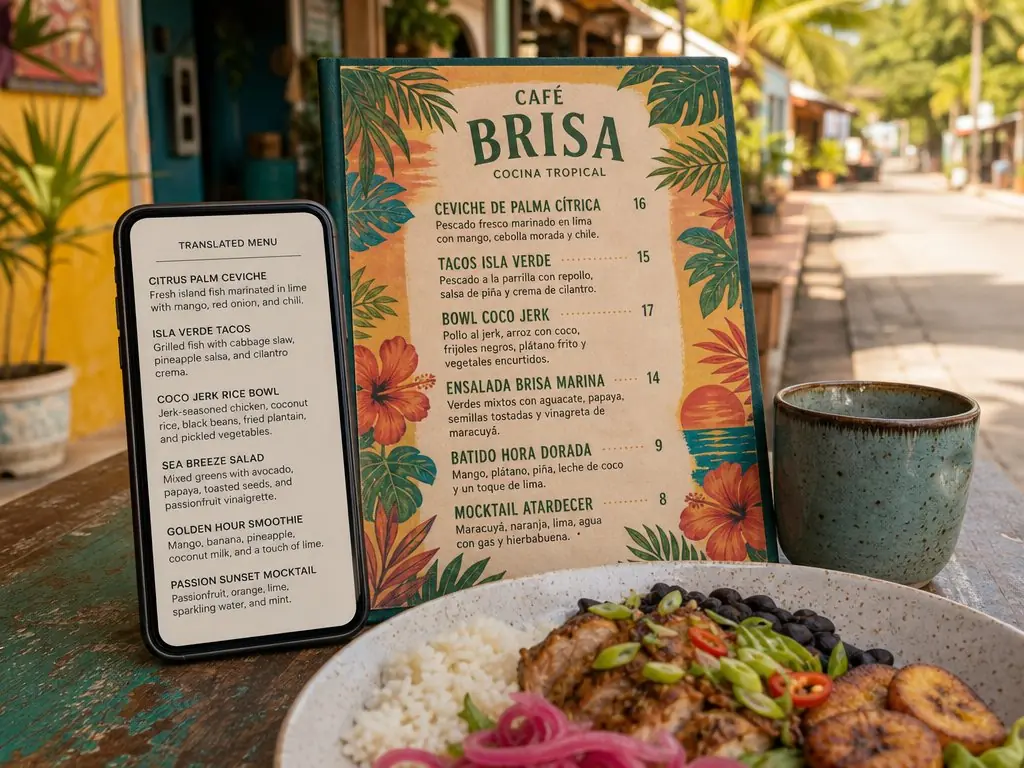 A traveler reading a translated menu on a phone beside the original Spanish menu at a tropical cafe, with a plate of food on the table.