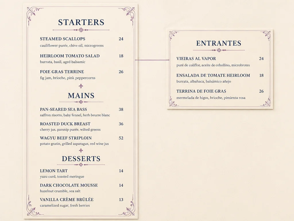 An English restaurant menu beside the same starters section translated into Spanish, row by row.