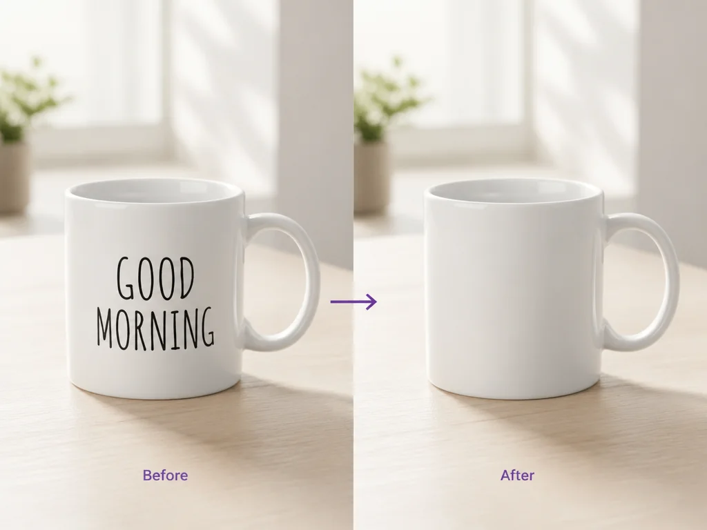 Before and after comparison of text removed from a ceramic mug
