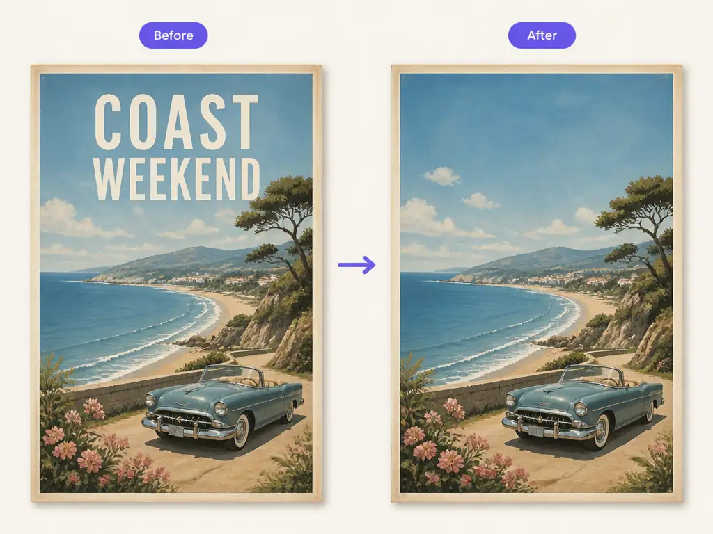Remove text from image before and after on a vintage seaside poster