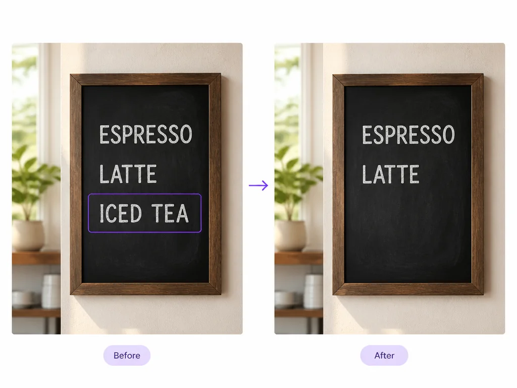 AI text remover selecting one line from a cafe menu board