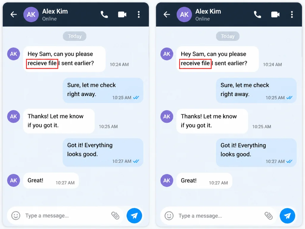 Screenshot editing correcting a typo in a chat screenshot while preserving conversation context.
