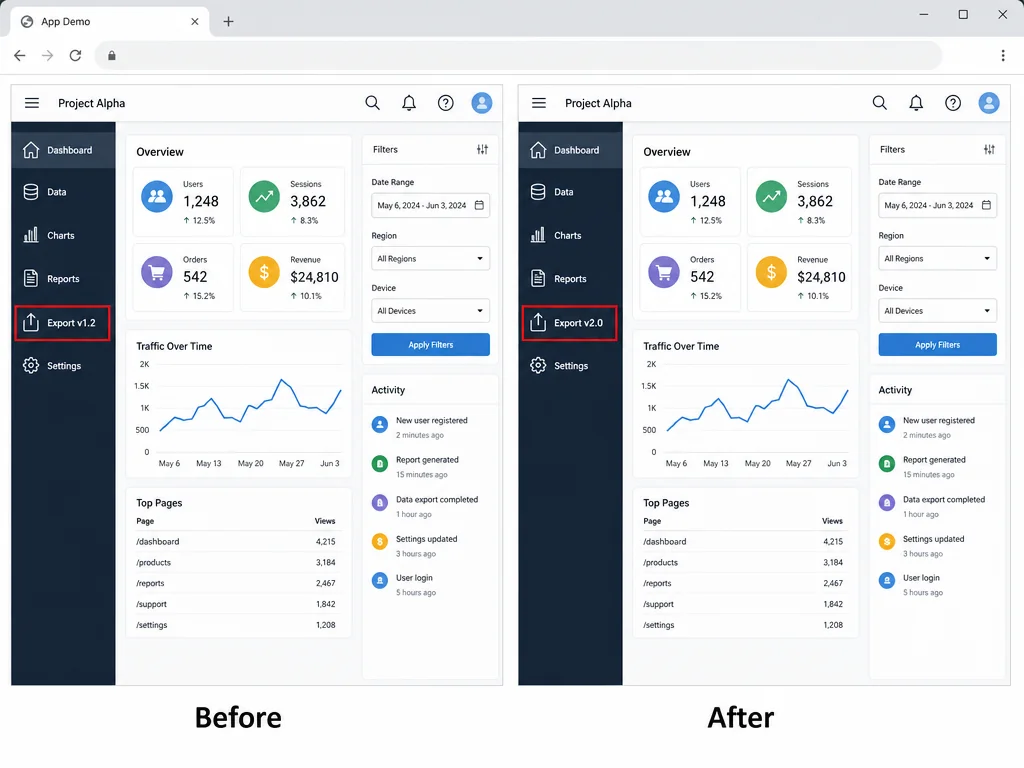 Clear before and after software screenshot with a red box around the changed Export version labels
