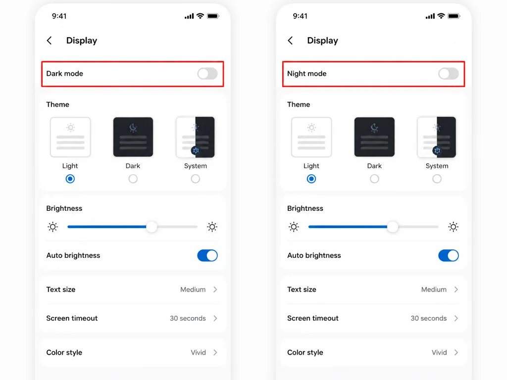 Screenshot editor before and after changing a mobile setting label from Dark mode to Night mode.