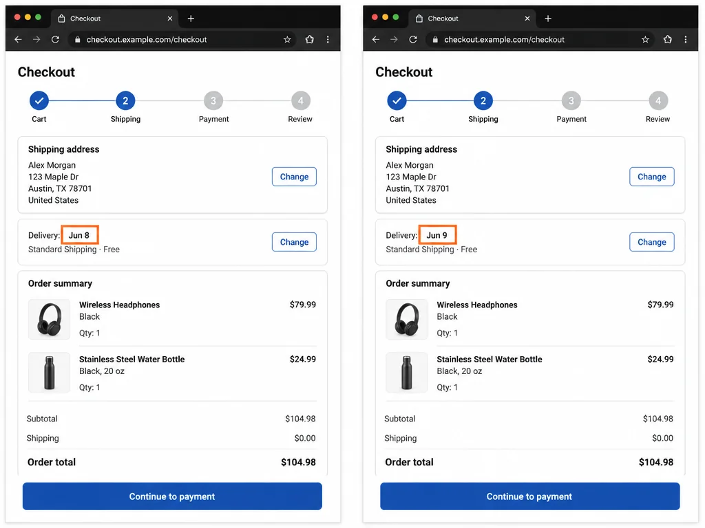 Screenshot editor before and after changing a checkout date from Jun 8 to Jun 9.