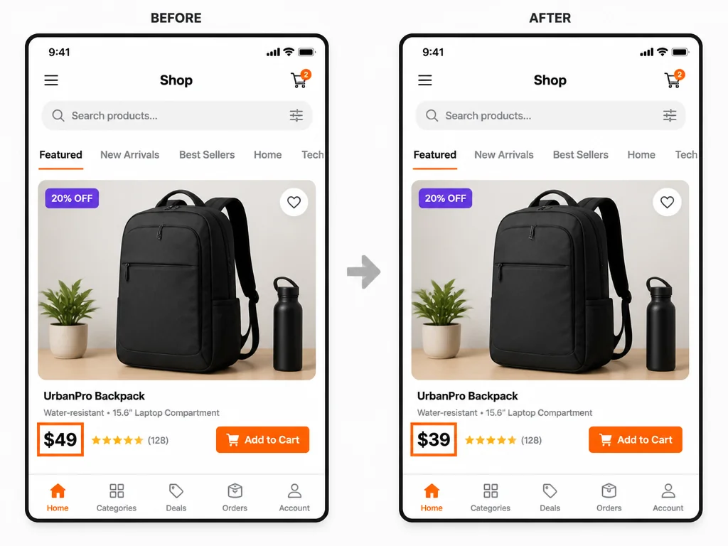Online screenshot editor updating a price in an ecommerce screenshot.